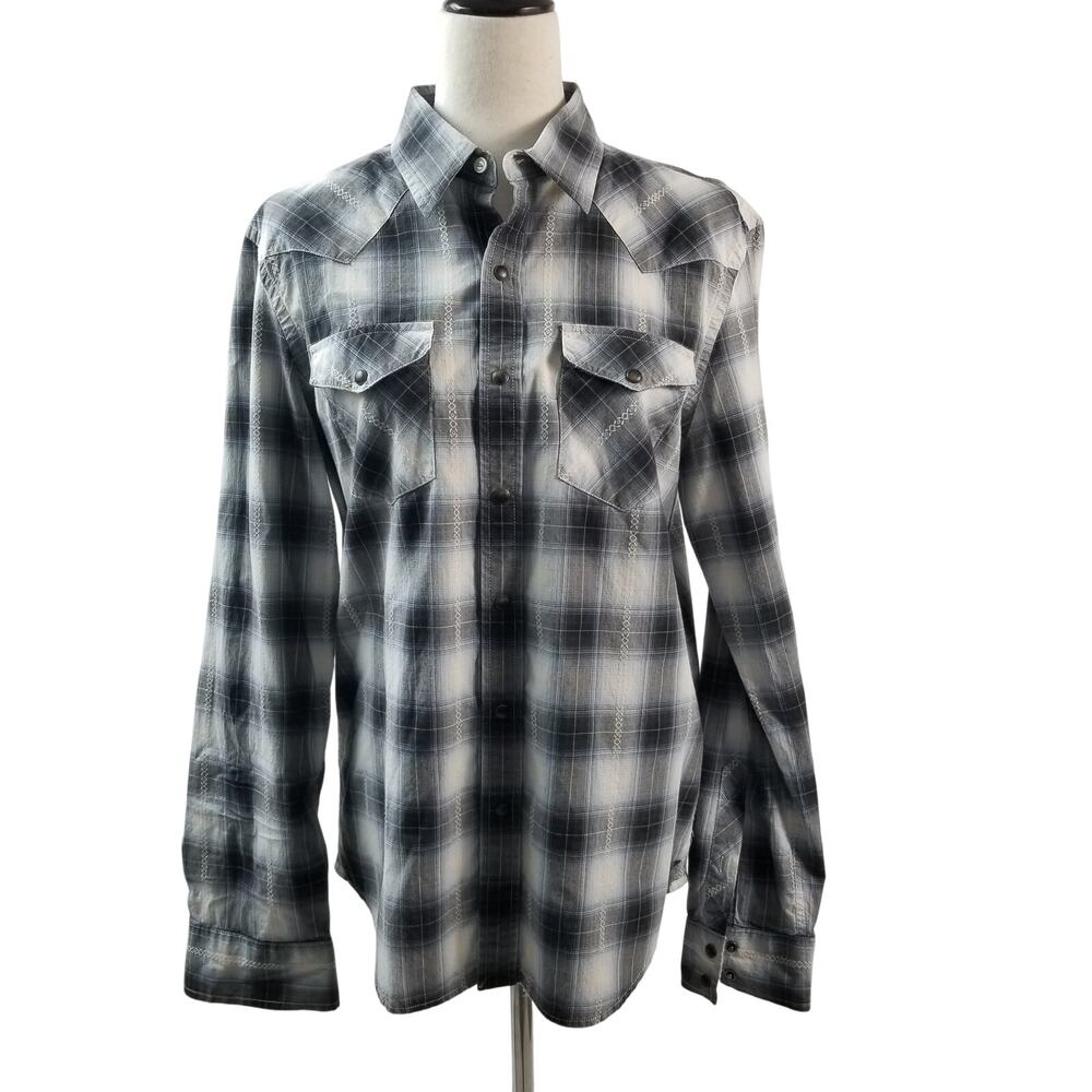 American Eagle Outfitters Slim Fit Blue Gray White Plaid Western Shirt Size M